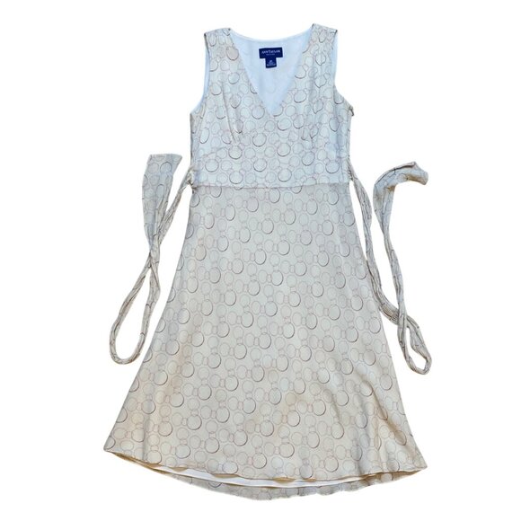 Y2K Ann Taylor Silk Beige & Red Circle Print Sleeveless Dress With Tie Waist Siz - Picture 3 of 7